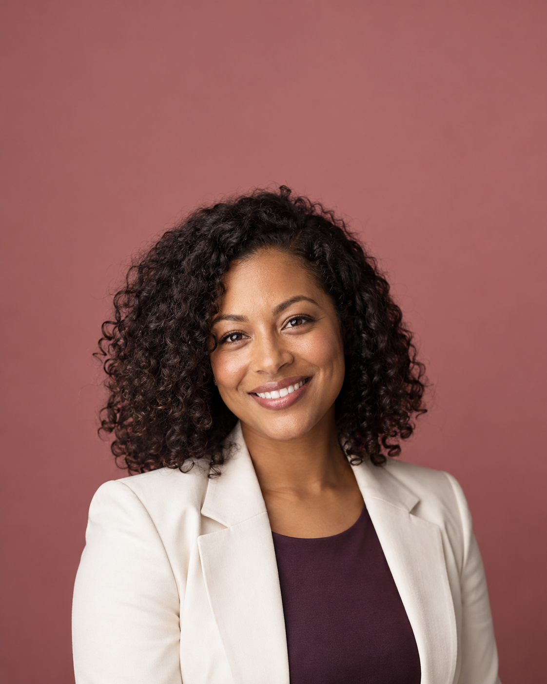 Illustrative professional headshot of a smiling woman against a rose backdrop